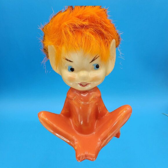 1950s Japan Pixie Elf Figurine Orange Furry Hair Kitsch Christmas Vintage Decor - Picture 4 of 11